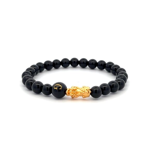 18K Gold Pixiu Piyao Bracelet Gemstones Onyx 6mm Elastic Bracelet Letter G - Picture 1 of 5